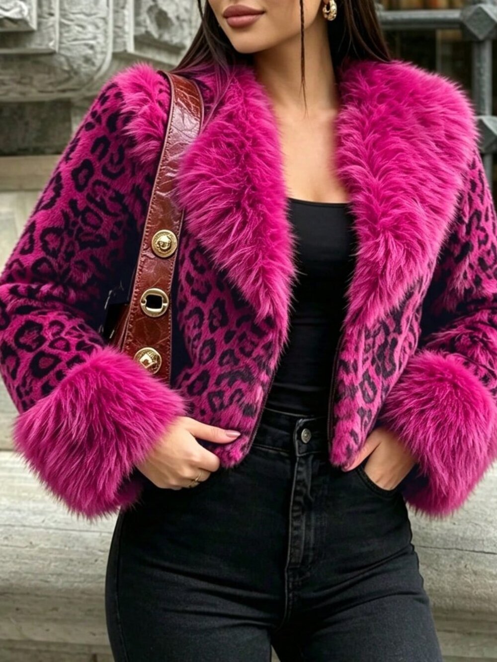 Hot Pink Casual Women's Leopard Print Short Fur Jacket